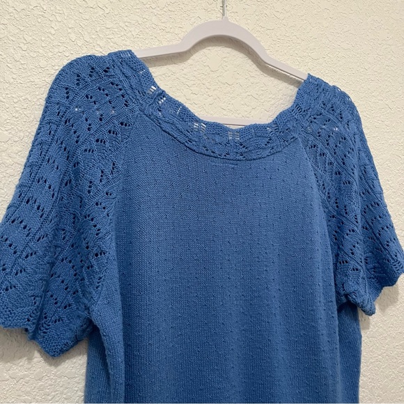 Womens Blue Short Sleeve Crochet Boho Beach Top Blouse Size L - Picture 5 of 8